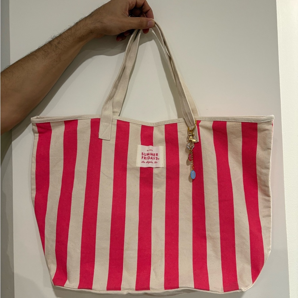 Summer Fridays Vibrant Pink and Cream Tote with bag charm!